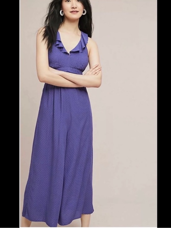 Anthropologie Pants - Anthropologie Maeve Ruffled Navy Blue Maxi Dress with Tiny White Dot Print